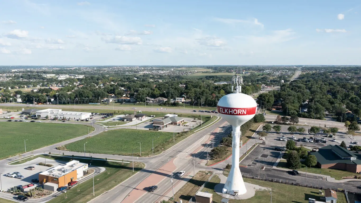 Aerial view of Elkhorn, NE, a service area of Alfa Y Omega Construction