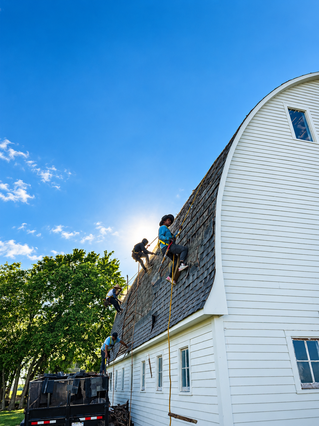 Tearing off cedar shakes on a barn roof, roped in for safety